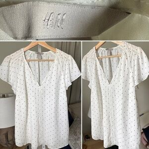 H&M White Black Dotted Line Blouse Butterfly Flutter Sleeves V Neck Size 10